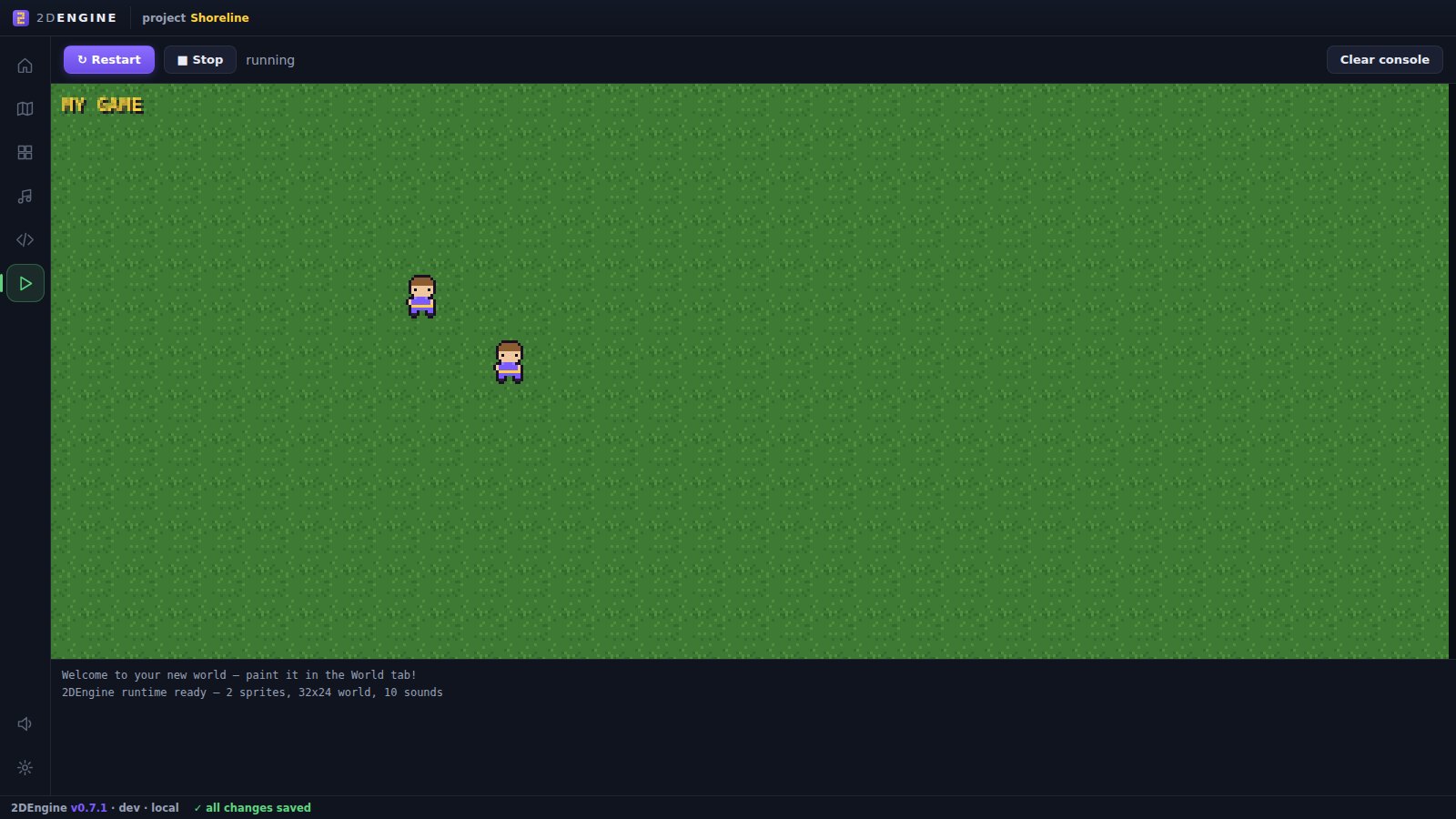 2DEngine play mode — the game running instantly with a live console