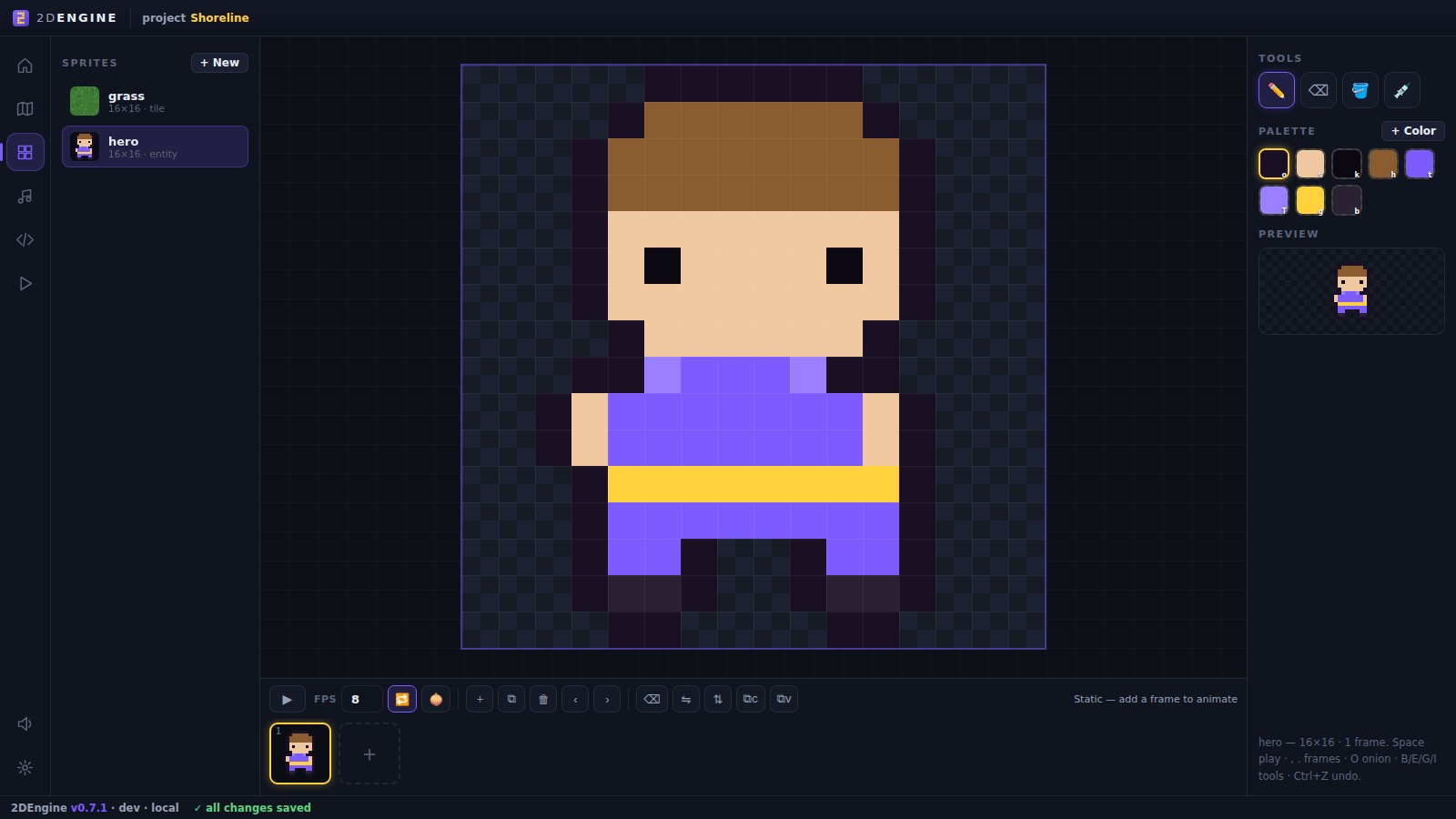 2DEngine sprite editor — drawing a 16×16 pixel-art hero with palette, preview and animation frames
