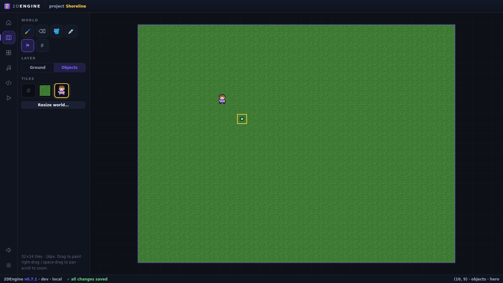 2DEngine world editor — painting a tile world on ground and object layers