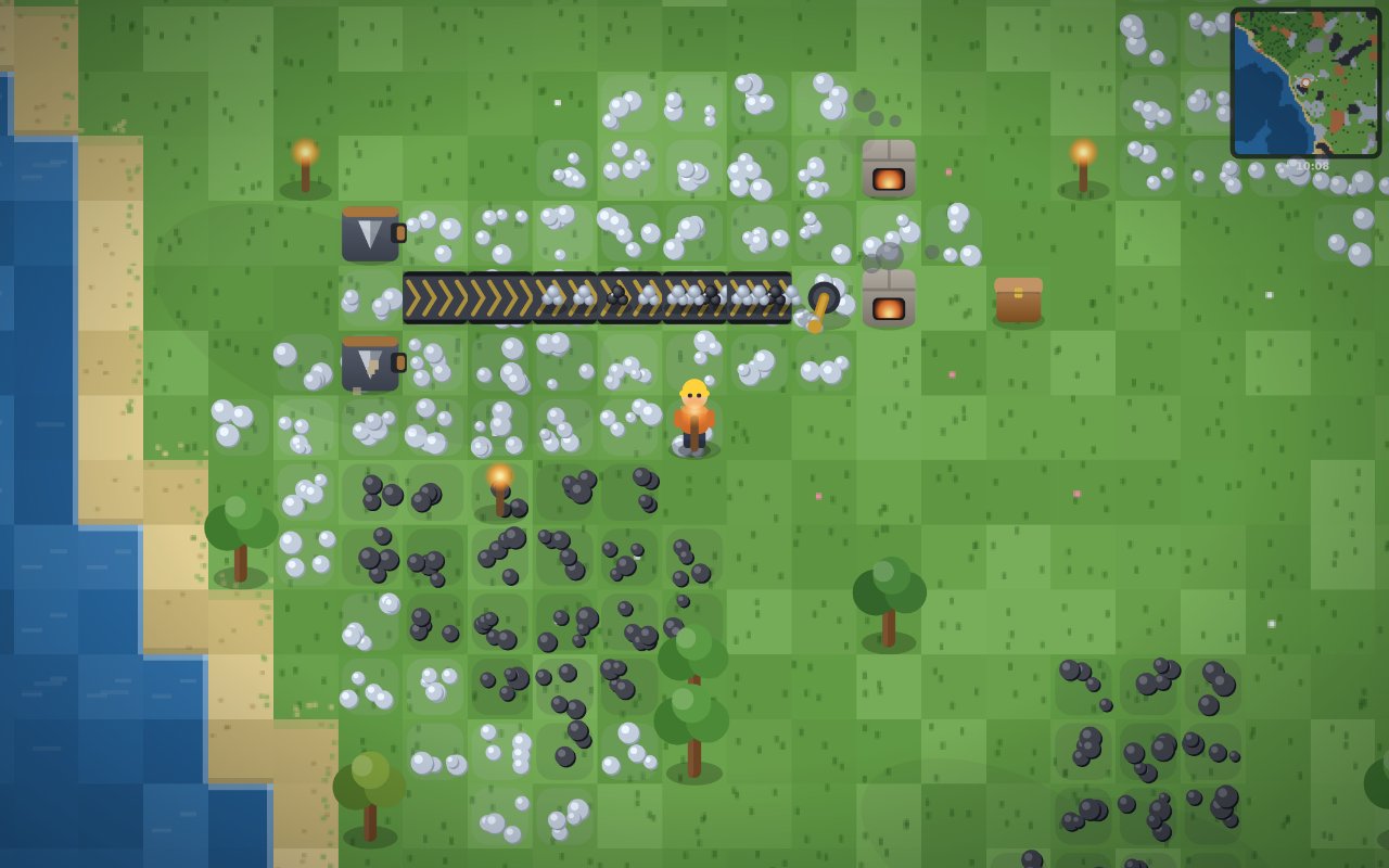 2DCraft gameplay — a factory line of miners, conveyor belts and smelting furnaces beside the shoreline