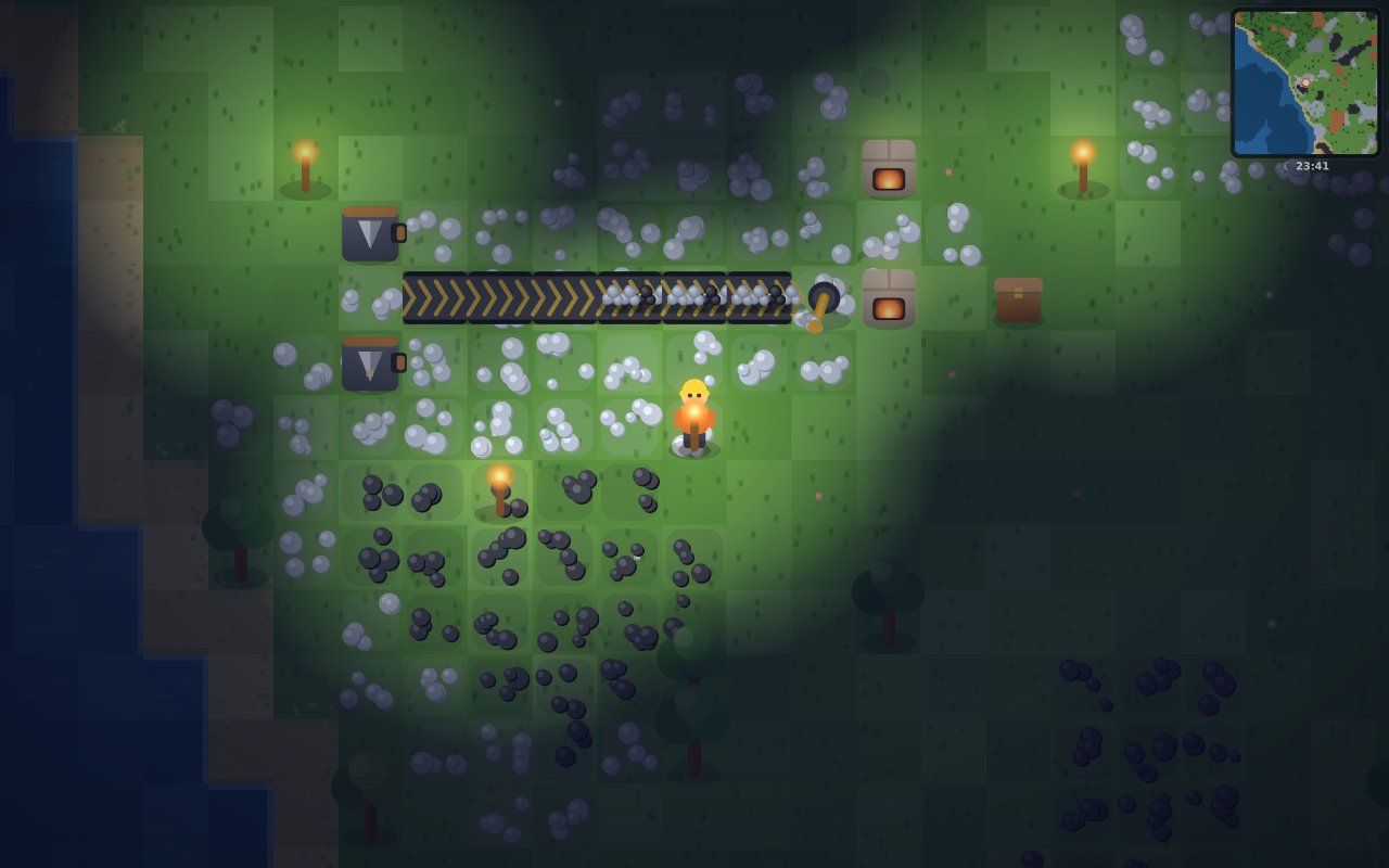 2DCraft gameplay at night — torchlight glowing over the conveyor belts
