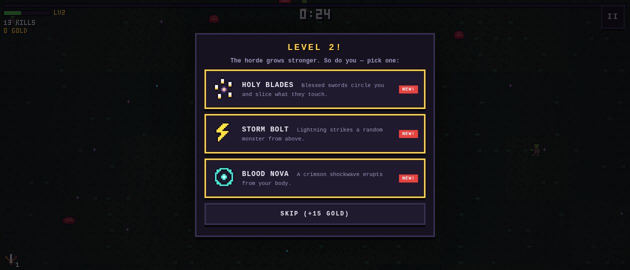 2DSurvive level-up screen — choosing between Holy Blades, Storm Bolt and Blood Nova
