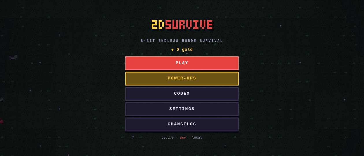 2DSurvive main menu — pixel logo over a drifting monster background